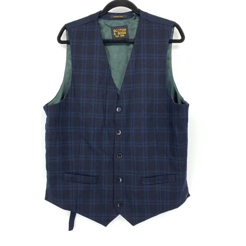 Scotch & Soda Mens 36 Everyday Artist Suit Set Navy Plaid Elastic Waist *HEMMED